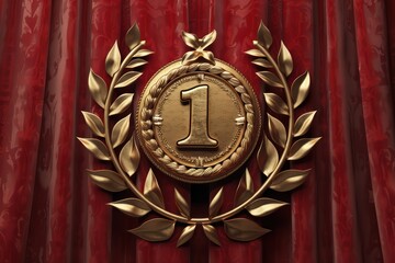 Fototapeta premium A golden medal with a '1' engraved, surrounded by laurel leaves, symbolizing victory and achievement on a rich red curtain backdrop.