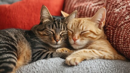 Obraz premium Playful dog and cat cuddling on a couch, close-up capturing their bond and responsiveness, [cute pets], [animal friendship at home].