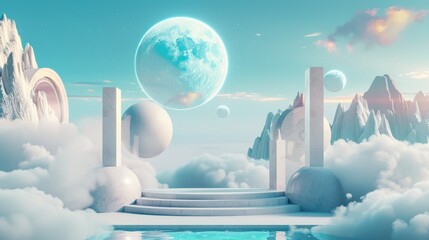 Capture the essence of cybersecurity in a surreal landscape where data defenses weave through misty, interconnected cloudscapes.