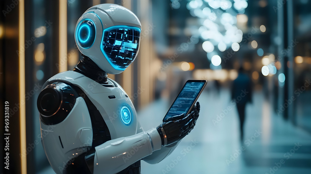 Poster 3d illustration of robot using tablet with futuristic interface
