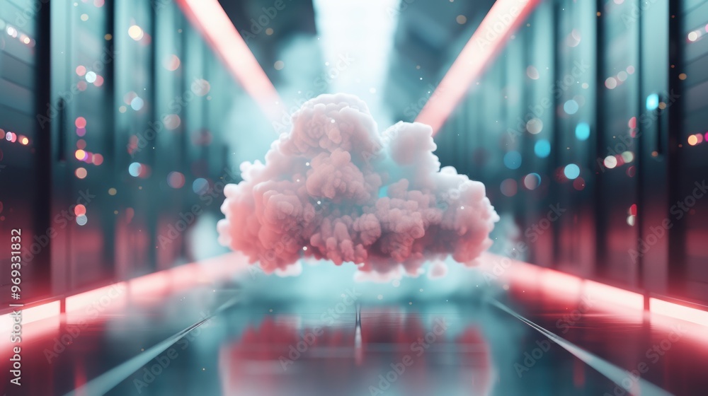 Poster capture the essence of data centers in a surreal landscape where information flows through misty, in