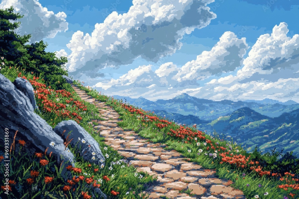 Poster retro 16-bit mountain path with pixelated clouds and clear sky background for copy space