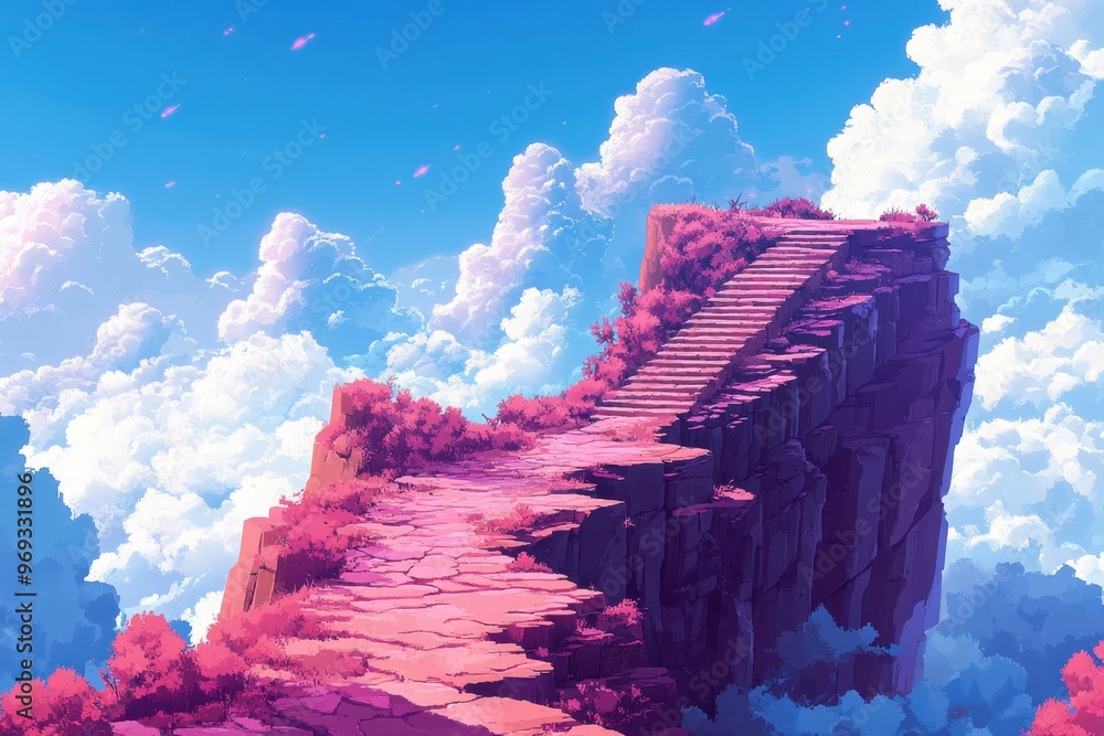 Poster retro 16-bit mountain path with pixelated clouds and clear sky copy space