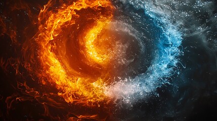 Semiabstract swirling vortex of water and fire where the two elements blend into dynamic patterns representing balance and energy
