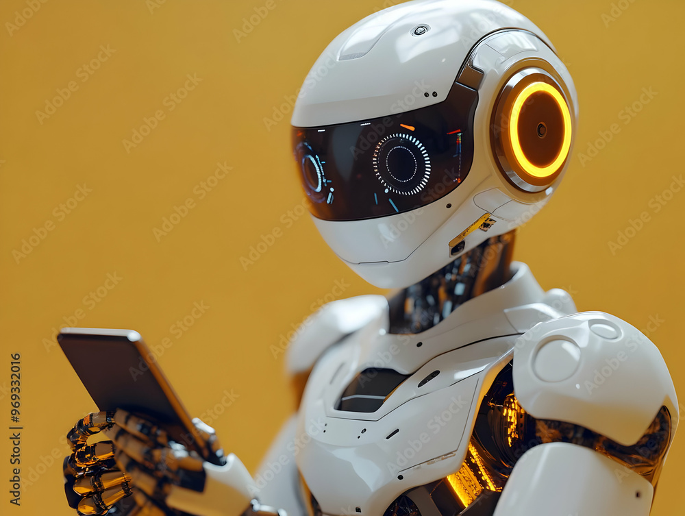 Poster 3d illustration of a futuristic robot using a smartphone on a yellow background