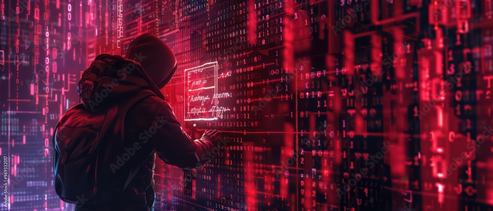 Poster a hooded figure interacts with a digital interface, surrounded by streams of binary code, symbolizin