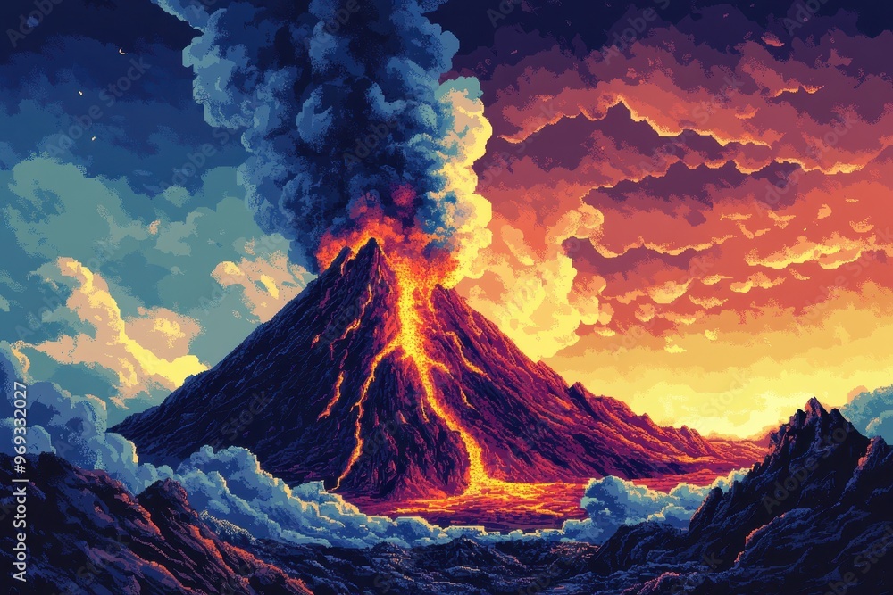 Poster retro pixel volcano eruption with open sky background for text copy space