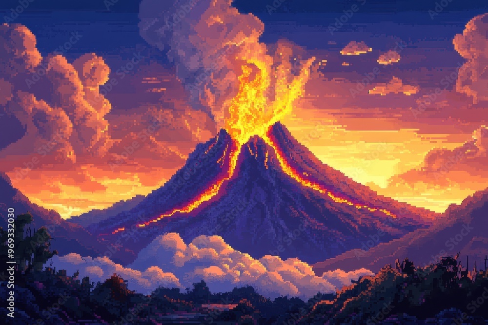 Poster retro pixel volcano landscape with lava flow and copy space for text.