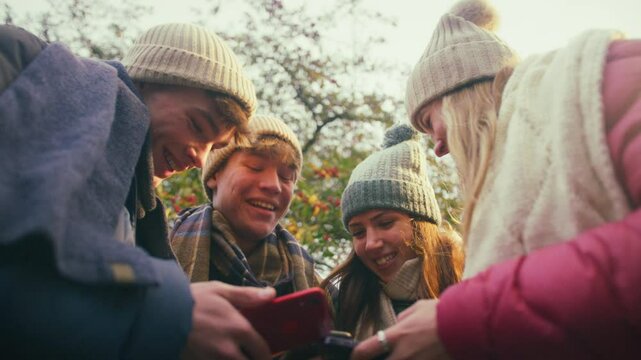Group Of Teenage Friends Outdoors Dressed For Winter Using Mobile Phones To Check Social Media