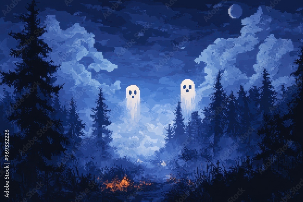 Poster digital haunted forest with pixel ghosts and copy space for text