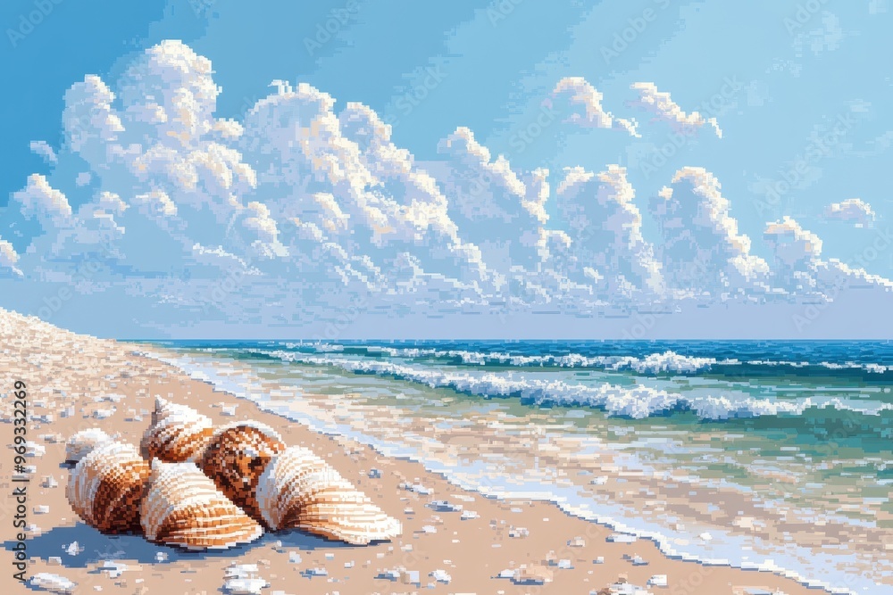 Aufkleber retro 8-bit beach scene with pixelated seashells and clear sky for copy space