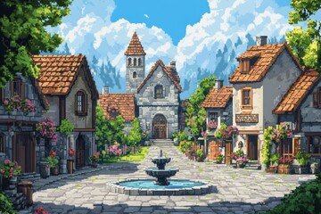Retro 16-Bit Town Square Scene with Pixelated Fountain and Clear Sky Copy Space