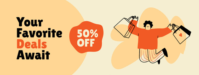 Sale banner with a happy quirky man holding shopping bags.