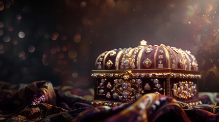A luxurious treasure chest adorned with sparkling jewels, set against a backdrop of soft bokeh lights, evoking a sense of opulence.