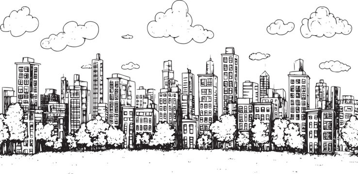 City landscape. Line urban backdrop. Skyline with clouds, different buildings on street, doodle street draw, outline cityscape hand sketch, flat houses. Hand drawn vector illustration	