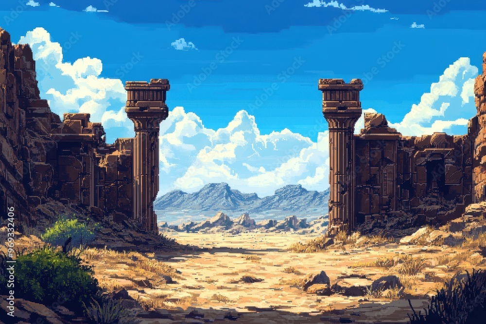 Aufkleber retro 16-bit desert landscape with ancient pixel ruins and open sky for copy space