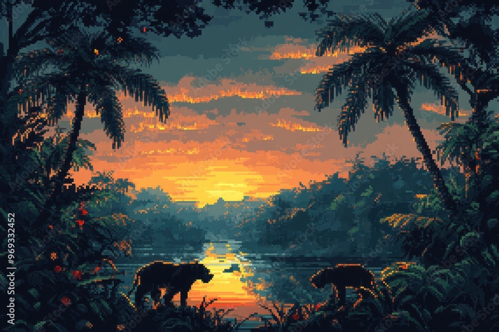 Aufkleber digital jungle adventure - pixelated animals in a vibrant pixel art jungle setting with copy space f