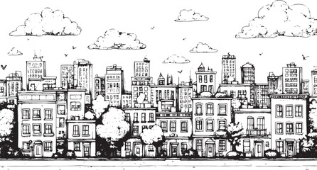 Obraz premium City landscape. Line urban backdrop. Skyline with clouds, different buildings on street, doodle street draw, outline cityscape hand sketch, flat houses. Hand drawn vector illustration 