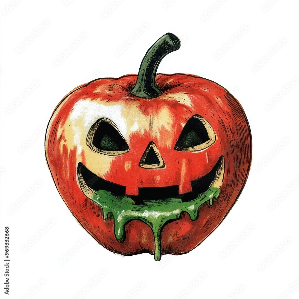 Sticker Halloween red poison apple with green poison melting on the apple halloween jack-o'-lantern illustration.