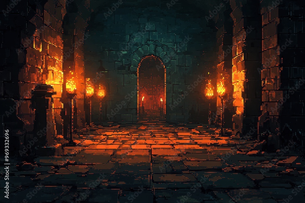 Poster retro 16-bit dungeon scene with pixelated torches and clear stone wall copy space