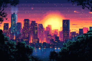 Retro Pixelated Cityscape at Night with Empty Dark Sky for Text Background