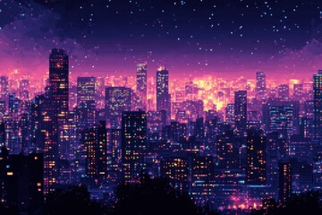 Fototapeta premium Neon Nightscape: Retro City Skyline with Pixelated Buildings and Empty Dark Sky for Text Background