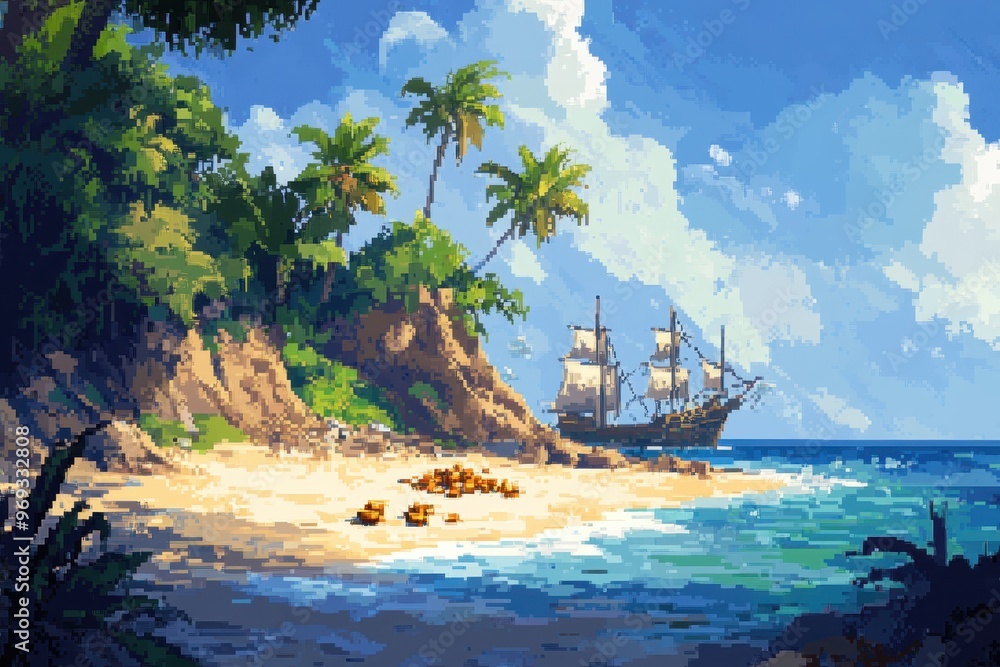 Poster digital pirate adventure: pixelated island with hidden treasure and copy space for text