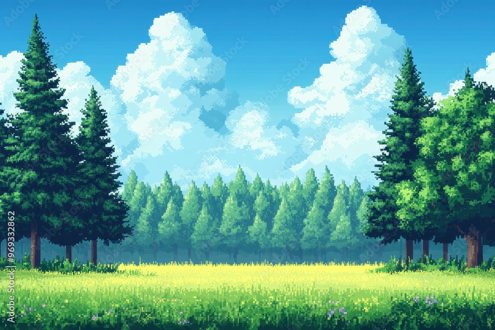 Poster retro 8-bit forest clearing with pixelated trees and space for text, vintage video game style backgr