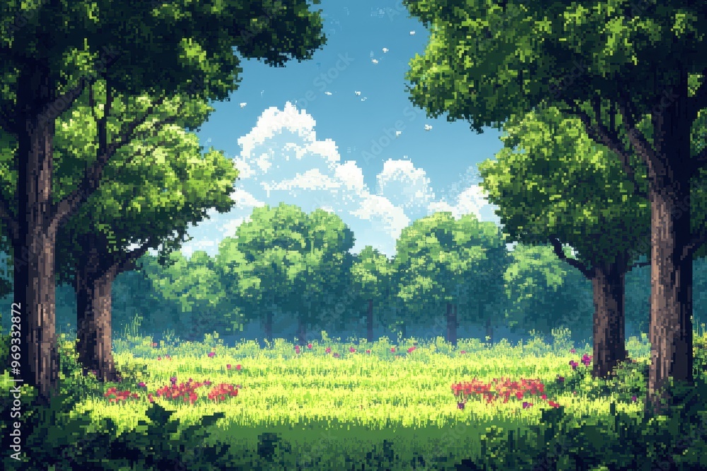 Poster pixelated paradise - retro 8-bit forest clearing with trees and clear sky for copy space