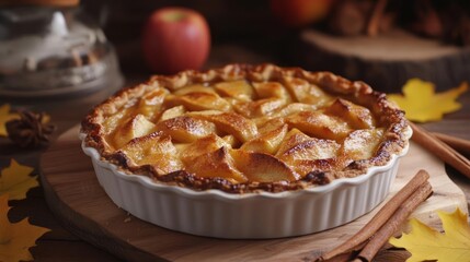 A Closeup of freshly baked apple pie with cinnamon sticks and fall leaves