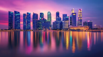 Fototapeta premium A vibrant cityscape at dusk, with colorful lights reflecting off the water and towering skyscrapers against a twilight sky.