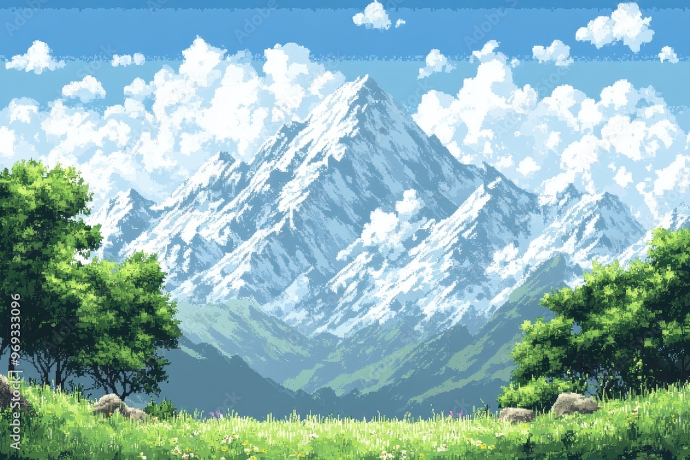 Poster retro 8-bit mountain landscape with pixel clouds and copy space
