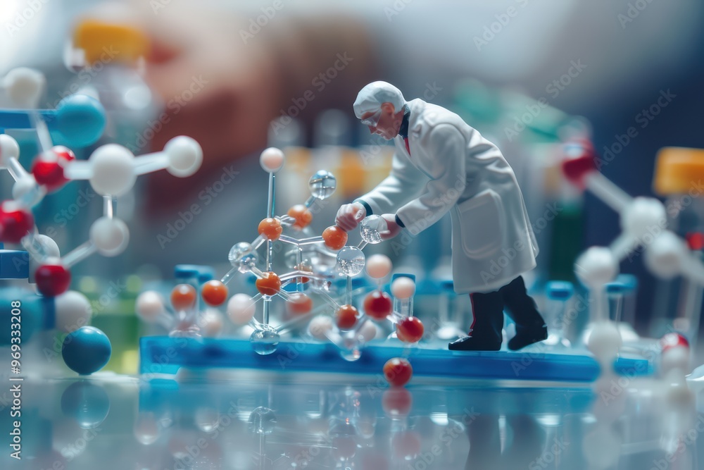 Aufkleber a miniature scientist conducting experiments with colorful molecular models and test tubes in a labo