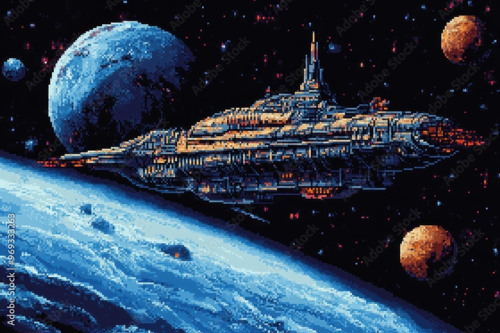 Aufkleber retro 16-bit space station with pixel planets in blank sky for copy space