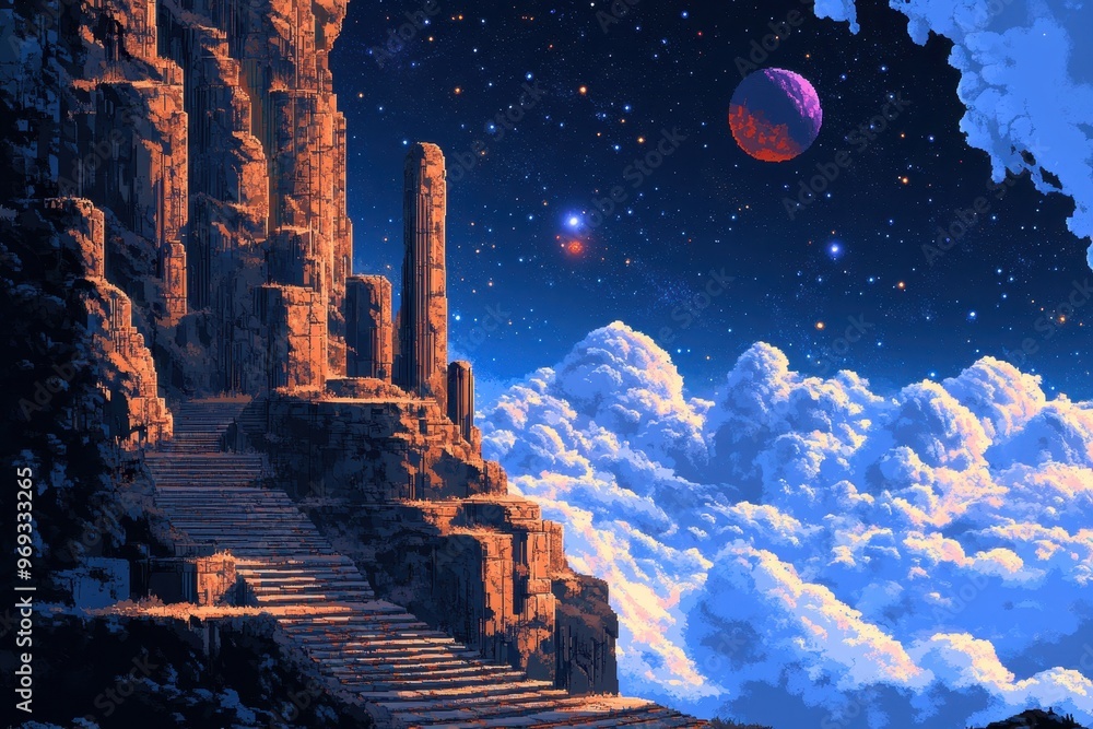 Poster retro 16-bit space station with pixel planets on blank sky background for copy space