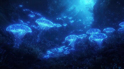 bioluminescent underwater landscape with alien coral formations ethereal blue light illuminates strange sea creatures creating a dreamlike and otherworldly aquatic scene