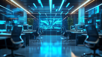 A futuristic office space with holographic displays and AI-powered workstations