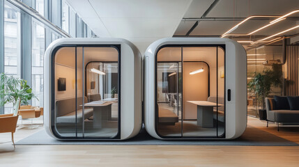 A futuristic office with modular spaces that adapt to different work needs, driven by smart technology