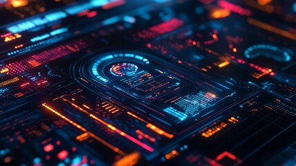 Obraz premium A vibrant, neon-lit holographic interface showcases advanced technology in a futuristic setting.