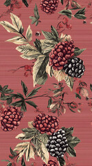 Floral Pattern with Pine Cones on Red Background 
