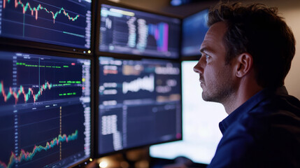 Fototapeta premium A professional analyzing stock market trends on multiple screens with a focus on 2024 predictions