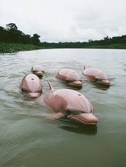 Pink River Dolphins Swimming in the Amazon River
