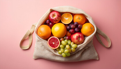Top view of a bag filled with assorted fruits isolated on a light pink background, ideal for nutrition, diet, and healthy living themes
