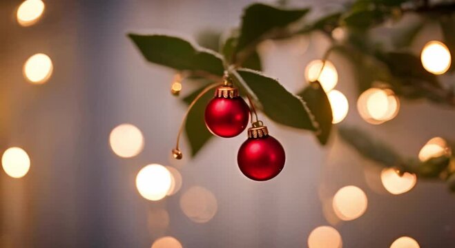mistletoe hanging in a doorway on Christmas lights background 