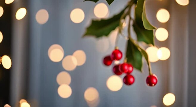 mistletoe hanging in a doorway on Christmas lights background 