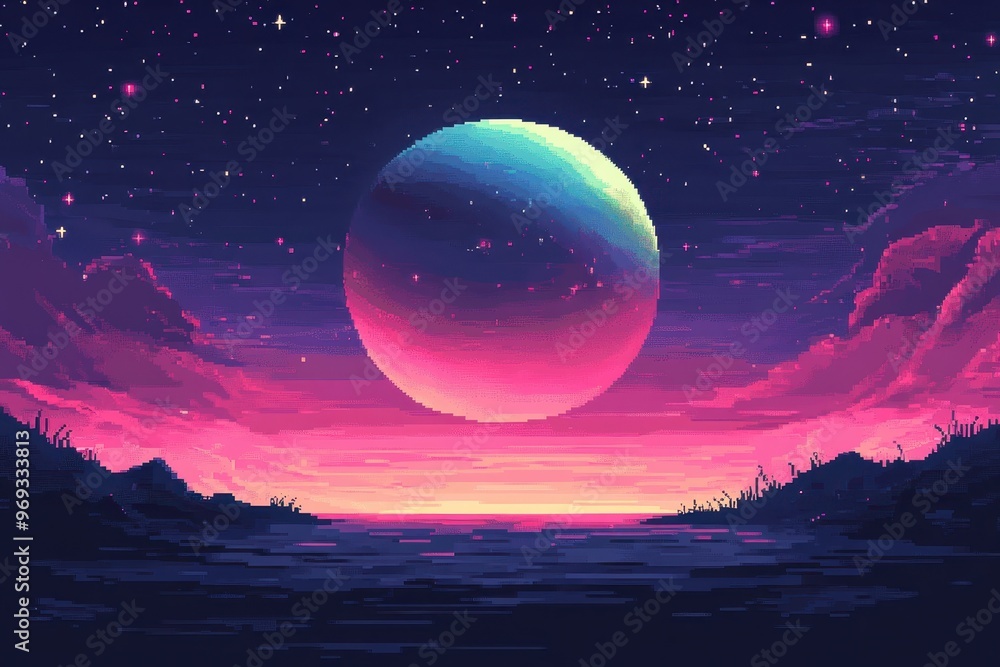 Poster retro 8-bit outer space scene with pixel stars, copy space background