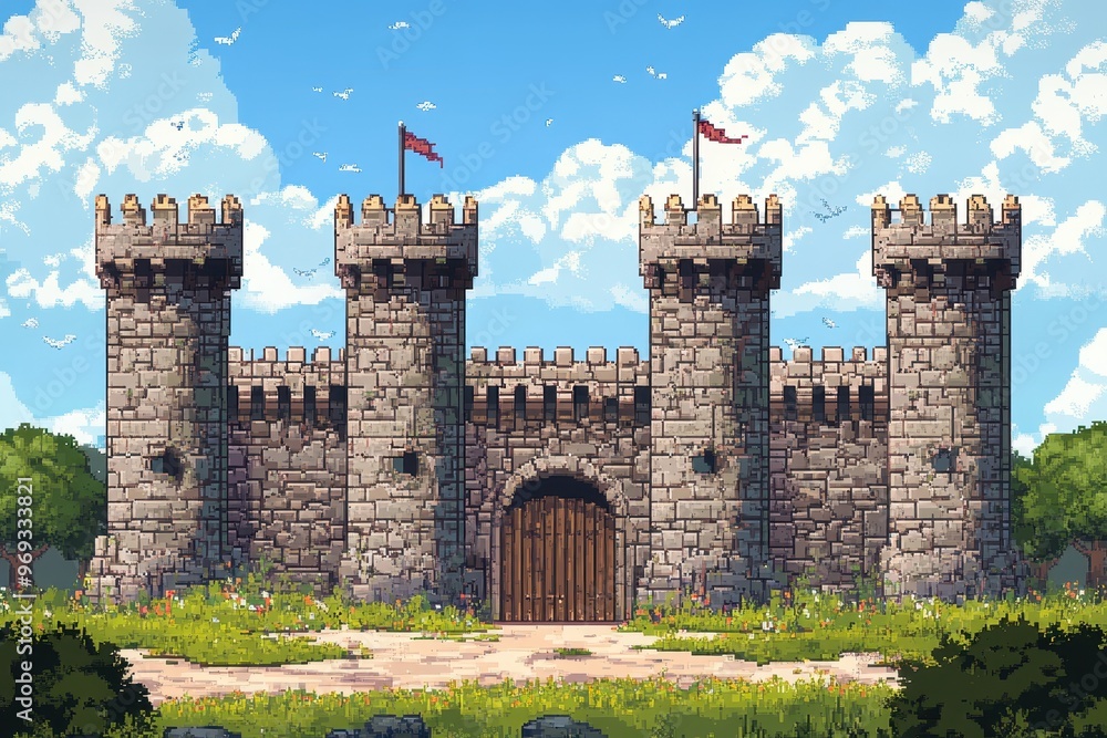 Poster retro 16-bit medieval fortress scene with pixelated guards and open courtyard for text overlay