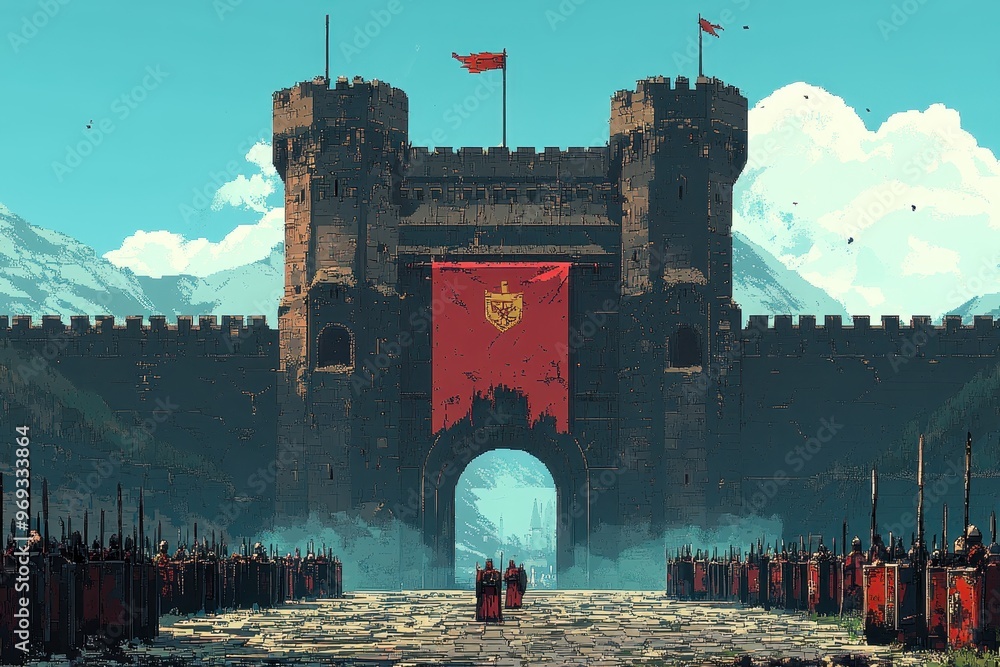 Poster pixelated medieval fortress with guards in 16-bit style, open courtyard for text overlay
