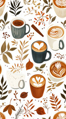 Coffee Mug Pattern with Leaves and Cinnamon Stick Illustration