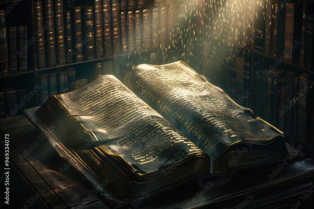Poster a mystical experience with an open book illuminated by soft light in a library, evoking knowledge an